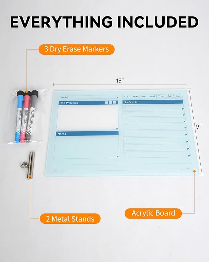 Acrylic Dry Erase to-Do List Board with Top Priorities Notes, 9x13 Desktop Whiteboard Planner with Stand, Clear Acrylic Task Organizer for Office/Home/School, Includes 3 Dry Erase Markers (Blue)