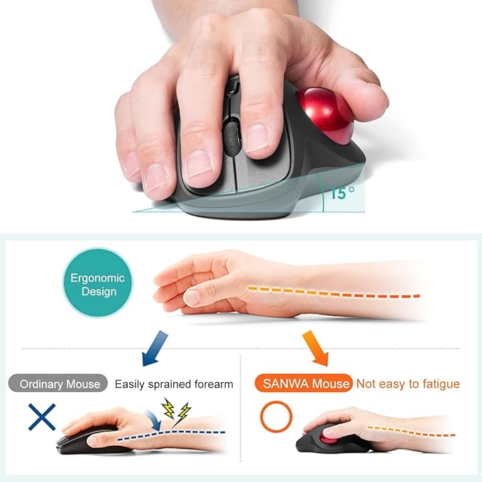 SANWA 2.4G Wireless Ergonomic Trackball Mouse, Optical Vertical Rollerball Mice, Silent Buttons, 34mm Trackball, 600/800/1200/1600 Adjustable DPI, Compatible with MacBook, Laptop, PC, Windows, macOS