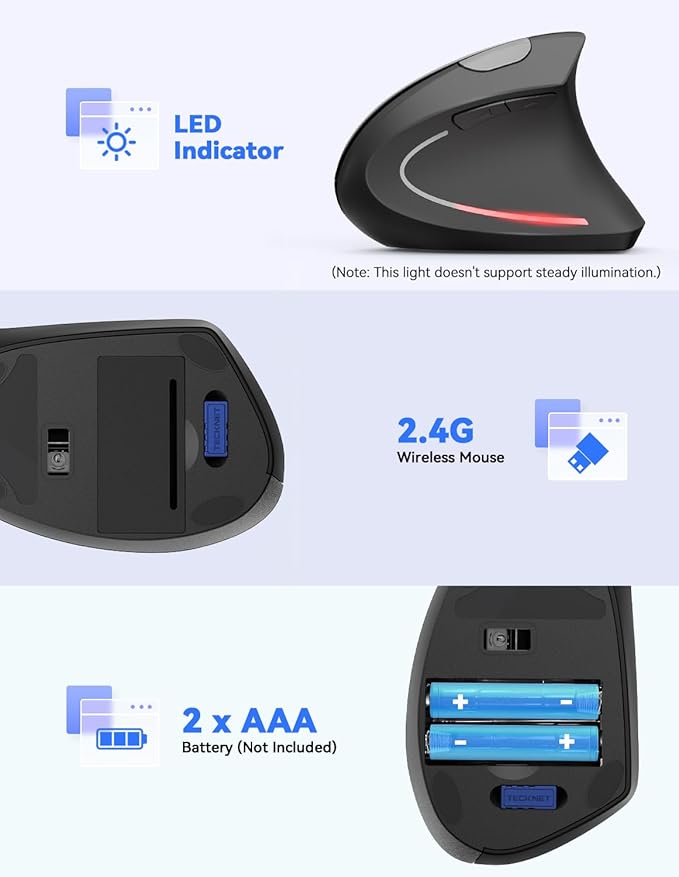 TECKNET Ergonomic Wireless Vertical Mouse, 4800 DPI with 5 Adjustable Levels, 2.4GHz Optical, 6 Buttons for Laptop, Desktop, PC, MacBook - Black