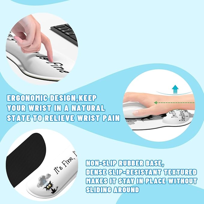 Black Cat Mouse Pad Set It's Fine I'm Fine Everything is Fine Gaming Mousepad 4in1 Desk Mat for Desktop Anti-Slip XXL Big Computer Ergonomic Mousepad with Wrist Support for Keyboard and Mouse