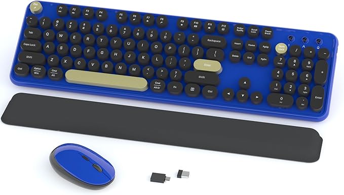 Wireless Keyboard and Mouse Combos, Retro Keyboard and Mouse Wireless Full Size, 2.4Ghz Connection and Optical Mouse for Windows, Mac, PC, Laptop for Home and Office (Jewel Blue-Black)