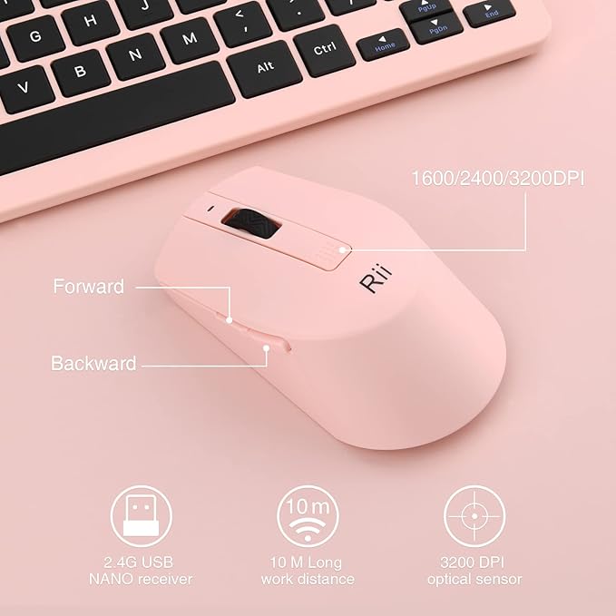 Rii RKM709 2.4 Gigahertz Ultra-Slim Wireless Keyboard and Mouse Combo, Multimedia Office Keyboard for PC, Laptop and Desktop,Business Office(Pink)