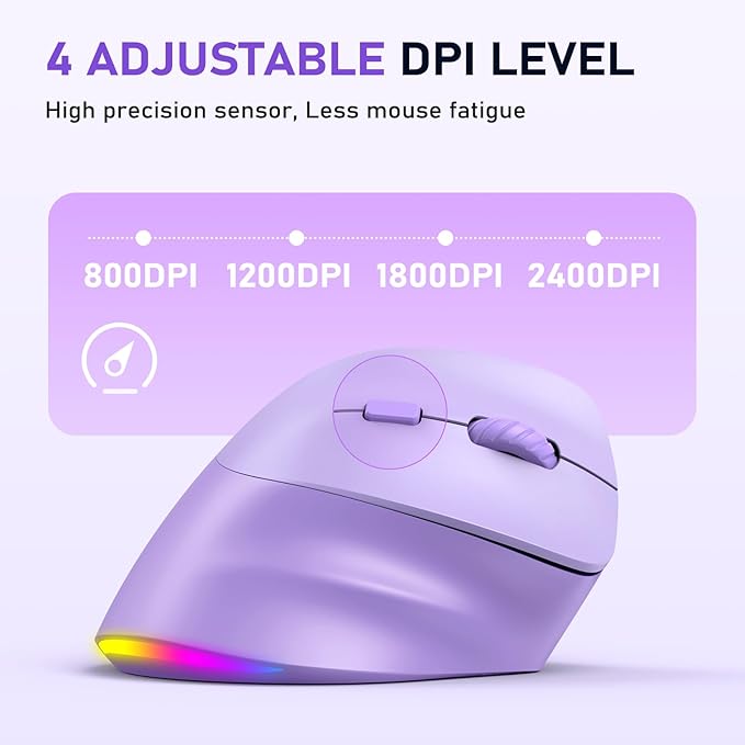 MEETION Ergonomic Mouse, Wireless Vertical Mouse RGB Backlit, Rechargeable Mice for Bluetooth(5.2+3.0) & USB-A with USB-C Adapter, 4 Adjustable DPI Compatible Mac/Windows/Andriod/PC/Tablet/iPad Purple