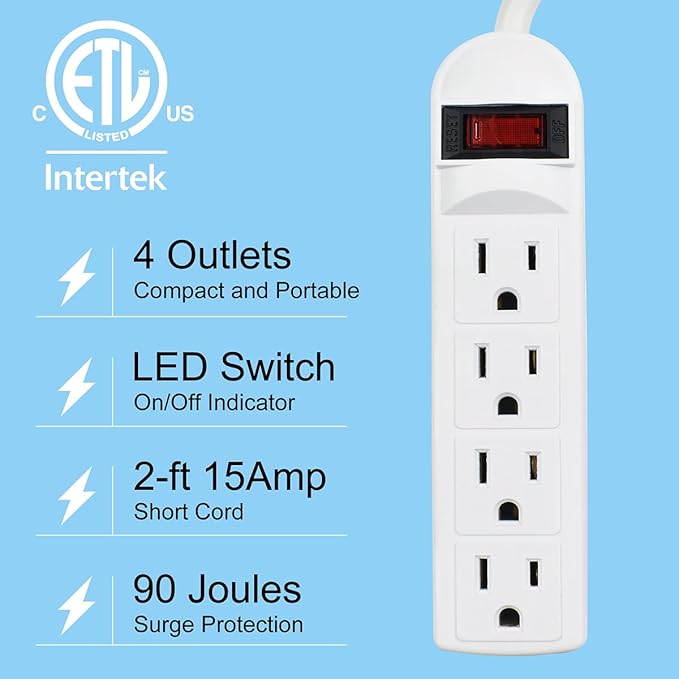 Small Power Strip Surge Protector, 4 Outlet 15A 125V 1875W, 90 Joules, Short 20-Inch Cord with Flat Plug, Classic Design, ETL Listed