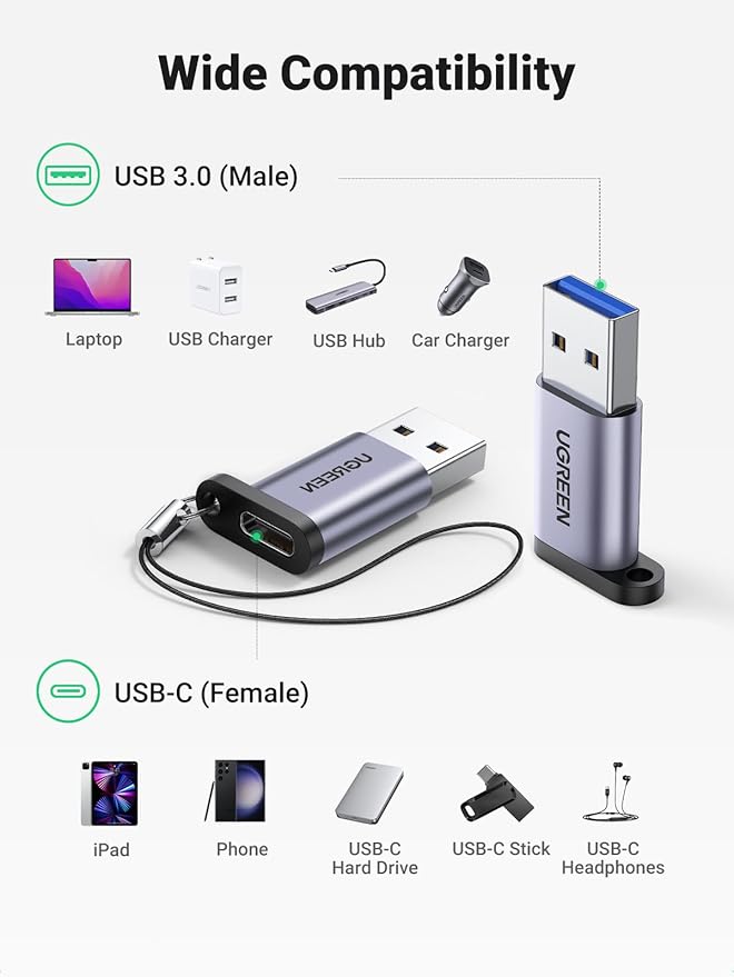 UGREEN 10Gbps USB C Female to USB Male Adapter 2 Pack, Type C to USB A Charger Cable Converter Compatible with Apple Watch iPhone 15 14 13 AirPods 3 MacBook Samsung Galaxy Note Google Pixel etc Gray