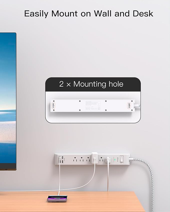 Flat Plug Extension Cord 25FT, Surge Protector Power Strip with 2 USB A Ports 2 USB-C 6 AC Outlets, USB Charging Station, Wall Mountable for Home, Office, Dorm Essentials, 1080J, ETL Listed