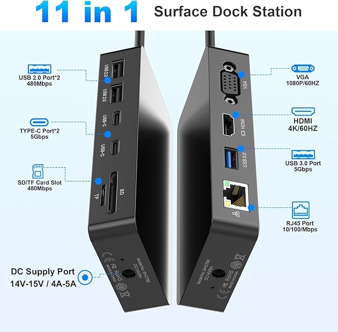 New for 11 in 1 Surface Pro Docking Station (HDMI+VGA) for Microsoft Surface Pro 12/11/10/9/8/X/7/6, Surface Laptop, Surface Go (HDMI VGA Ethernet SD/TF Audio 5*USB) – 2 Years Warranty