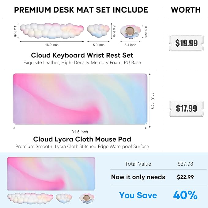 JIKIOU Large Cloud Mouse Pad Waterproof with Cloud Keyboard Wrist Pad and Cloud Mouse Wrist Pad Set, Ergonomic Computer Desk Wrist Support Mousepad for Keyboard and Mouse Rainbow 31.5x11.8in