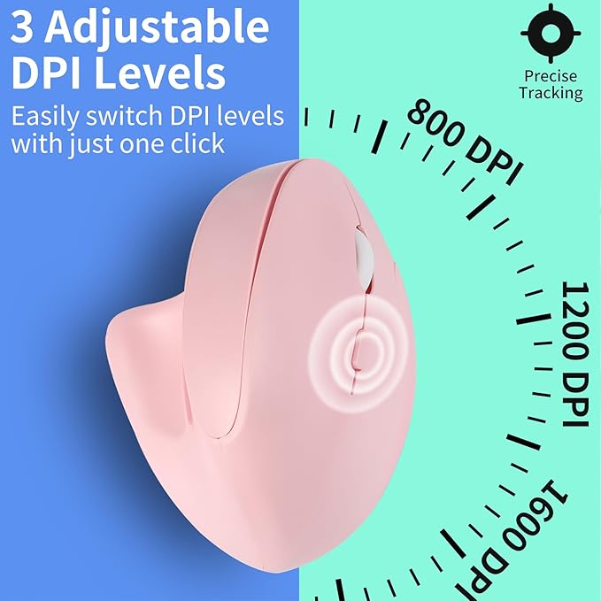 Wireless Silent Ergonomic Vertical Mouse - Dual Mode 2.4G/Bluetooth, Rechargeable Type C, Pain Relief for Office and Home Use, Compatible with Laptop & PC (Pink)