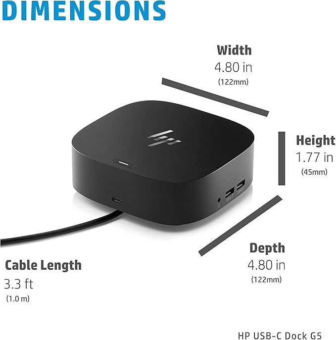 HP USB-C Essential Dock G5 (8 in 1 Adapter for USB-C and Thunderbolt-Enabled Laptops, Notebooks and PCs - Single Cable for Charging, Networking, or Data Transfers), Black