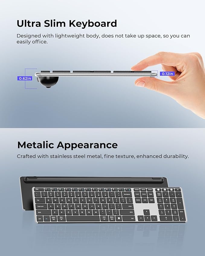 seenda Wireless Bluetooth Keyboard and Mouse Combo, SKM64-3 Rechargeable Slim Quiet Keyboard Mouse, 3 Multi-Device Connection, Compatible for Windows, Mac, MacBook, iPad, Tablet, Black Silver