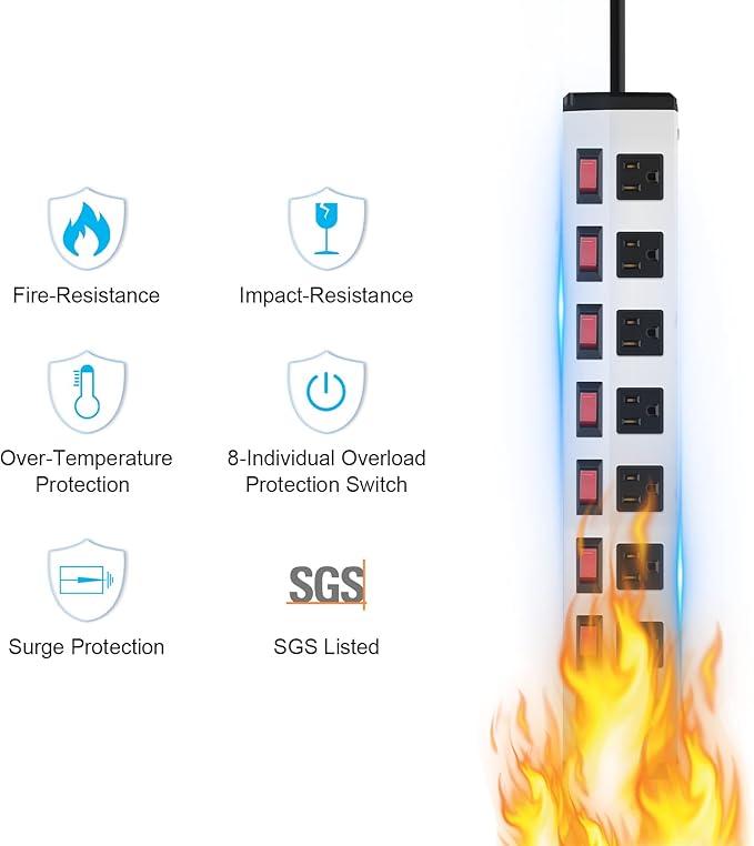 8 Outlet Metal Power Strip with Individual Switches,Heavy Duty Appliance Power Strip with Flat Plug,1200J Surge Protector,10FT Extension Cord,15A 120V 1800W,Home Office School Shop Industrial