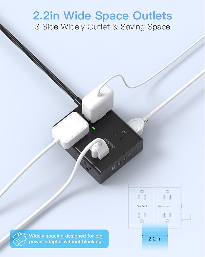 6Ft Extension Cord with Multiple Outlets, Flat Plug Surge Protector Power Strip 6 Ft Long Cord, 8 Outlets & 4 USB Ports (2 USB C), Desk Charging Station for Home Office, College Dorm Room Essentials