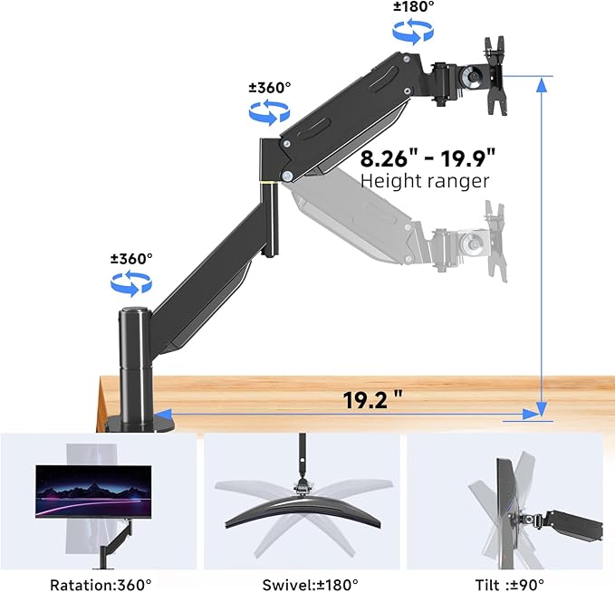 Pholiten Premium Aluminum Heavy Duty Monitor Arm, Ultrawide Monitor Arm, Full Motion Single Computer Mount for Computer Screens up to 49 Inches and 46.2lbs, Adjustable Clamp and Grommet Vesa Mount