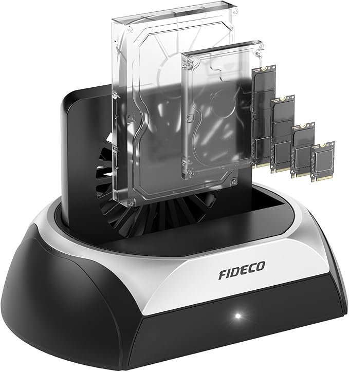 FIDECO Hard Drive Docking Station, M.2 NVMe SSD Docking Station with Cooling Fan, Support 2.5 and 3.5 inch SATA HDD and M.2 NVMe SATA SSD, Ultimate Heat Dissipation