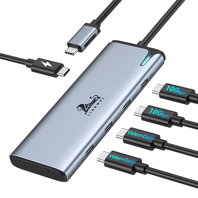 LIONWEI USB C Splitter Dual Monitors for MacBook Pro, 2USB-C Video Output 4K@60Hz, 10Gbps Data Transfer, 100W PD Charging, Dual Monitor Adapter Dongle for USB C Monitor, Windows, MacBook Pro/Air