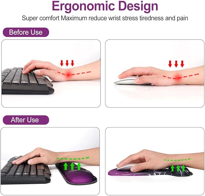 ToLuLu Keyboard Wrist Rest Pad Ergonomic Mouse Pad Set, Mouse Pad for Computer Laptop, Non Slip Mousepad Keyboard Wrist Support with Raised Memory Foam for Easy Typing Pain Relief, Purple Butterfly