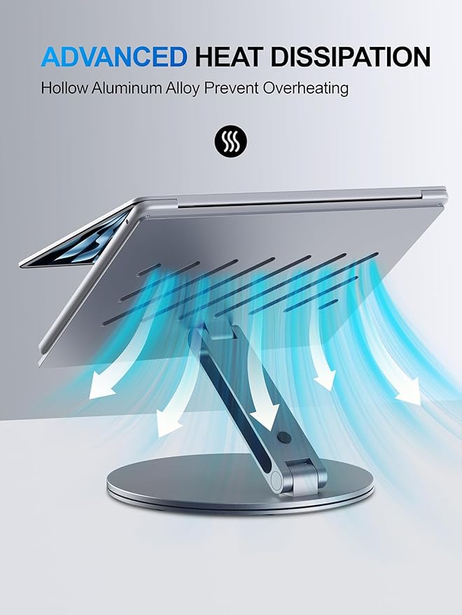Adjustable Laptop Stand for Desk - 360° Rotating Ergonomic Riser with Aluminum Cooling Vents & Sturdy Construction for 10-16 Inch MacBook Pro/Air, Foldable Portable for Office & Home - Gray