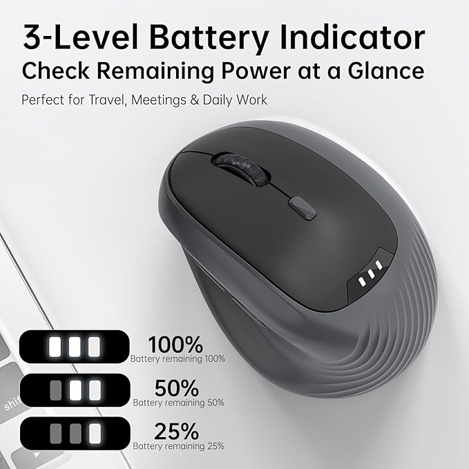 Ergonomic Vertical Wireless Mouse, 8,000 DPI Rechargeable Mouse with Triple-Mode Connection(2.4G+Bluetooth), 70g Lightweight Quiet Click Mouse with Battery Indicator for Laptop, PC, Mac Matte Black