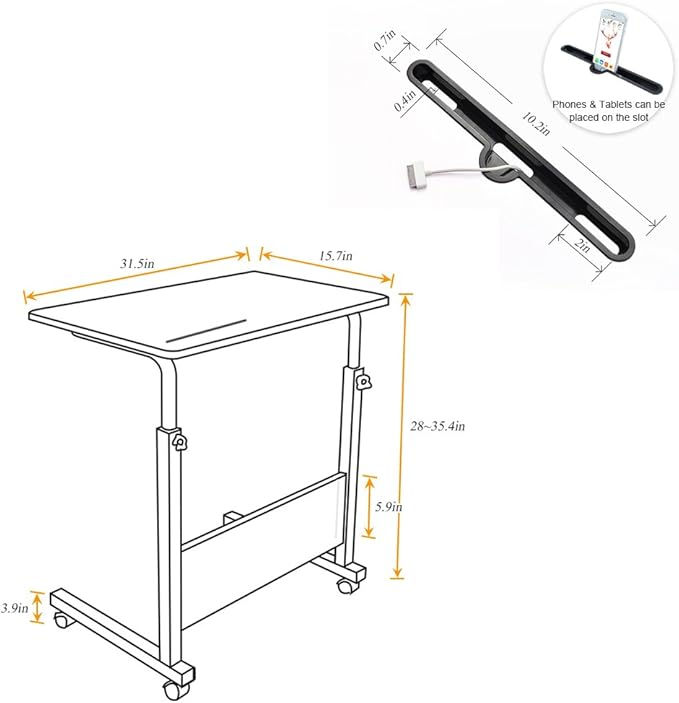 soges Rolling Laptop Desk Cart Height Adjustable, 31.5 inches Mobile Sofa Side Table with Tablet Slot, Portable Standing Laptop Table Desk, Small C Table for Sofa Couch Bed, Black