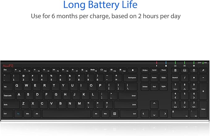 ALLIFE 2.4G Wireless Keyboard Stainless Steel Ultra Slim Full Size Keyboard with Numeric Keypad for Computer/Desktop/PC/Laptop/Surface/Smart TV and Windows 10/8/ 7 Built in Rechargeable Battery