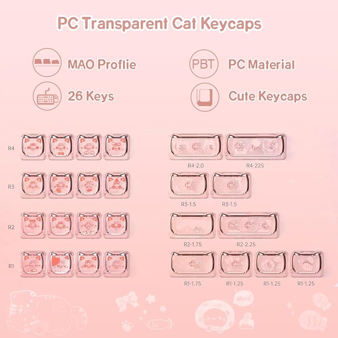 26 Keys Crystal Jelly Personalized Keycaps, PC Material Cute Meow Meow Squad Transparent Custom Cat Keycaps, Mao Profile Keycap for DIY MX Swithes Mechanical Keyboards