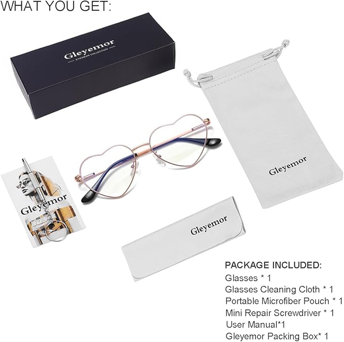 Gleyemor Heart Shaped Blue Light Glasses for Women Cute Computer Glasses