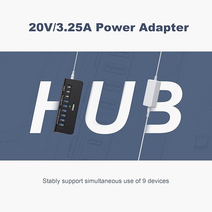 Powered USB Hub 10Gbps,intpw YH6AC 9-Port USB Splitter with USB A/USB C 3.2, 4 USB 3.0, 2 PD 45W Charging Ports, 65W Power Adapter and 3.3FT Cable, Aluminum Black USB Hub for Laptop/PC,iPhone 16/15