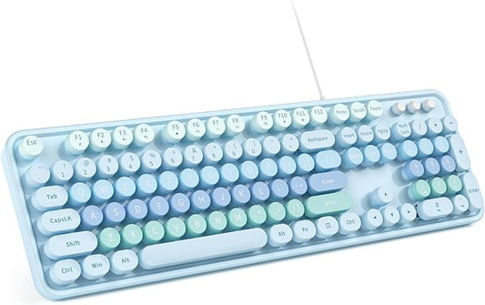 Large Print Keyboard Wired, Full Size Wired Retro Round Keyboard with Foldable Stands, Plug and Play for Laptop and Office PC- Blue Gradient