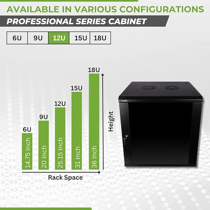 NavePoint 12U Wall Mount Network Cabinet for 19” IT Equipment, A/V, Tempered Glass Door, Locks, 2 Fans, 450mm Depth, Max Weight 132 lbs