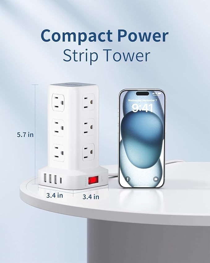 Extension Cord with Multiple Outlets, SMALLRT Flat Plug Surge Protector Power Strip Tower, Power Bars with USB 12 AC Outlets, 16.5FT Ultra Thin Extension Cord for Home Office, Overload Protection