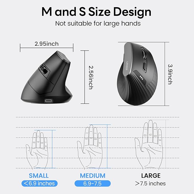 Uineer Ergonomic Bluetooth Mouse 5.0/4.0 Mouse, 2.4GH Vertical Wireless Mousewith USB-A Receiver, Battery Powered, 3 Multi-Device Connectivity for Computer/PC/Laptop, 4 DPI Optical Gaming Office Mice