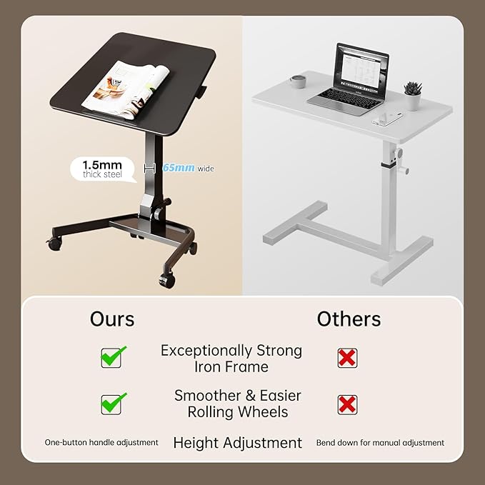 Foldable Mobile Standing Desk, Pneumatic Height Adjustable Rolling Sit Stand Desk, 90° Tiltable Portable Laptop Cart on Wheels, Mobile Desk Workstation for Home Office, Easy to Fold