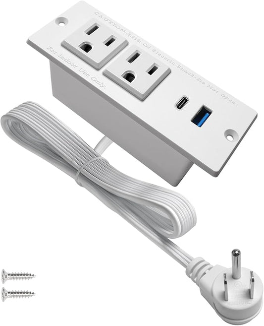USB C Recessed Power Strip Fast Charge Desktop Power Station 2 Outlets 2 USB (PD20W & QC18W, Total 20W) Mountable Flat Plug Extension Cord Mount for Tabletop Sofa Cabinet Nightstand (USB C White)