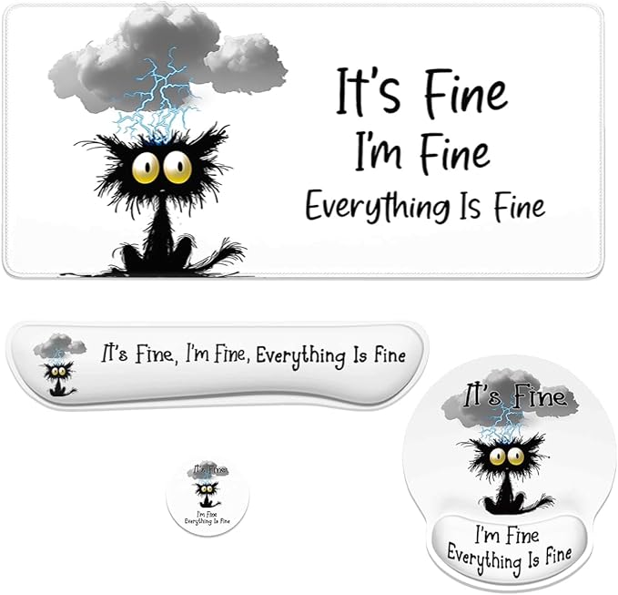 Black Cat Mouse Pad Set It's Fine I'm Fine Everything is Fine Gaming Mousepad 4in1 Desk Mat for Desktop Anti-Slip XXL Big Computer Ergonomic Mousepad with Wrist Support for Keyboard and Mouse
