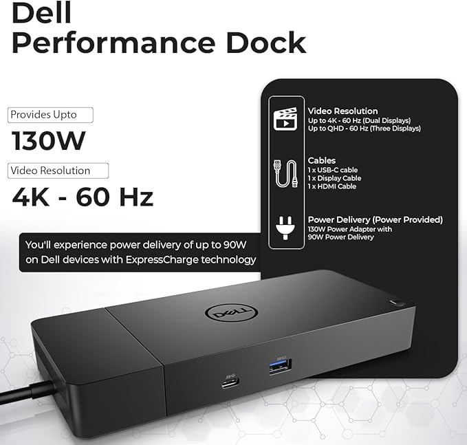 Dell WD19S Docking Station 130W (90W Power Delivery), Dell Docking Station for Laptop with 130W Power Adapter + HDMI + DisplayPort + USB-C Cable + Microfiber Cloth (Renewed)