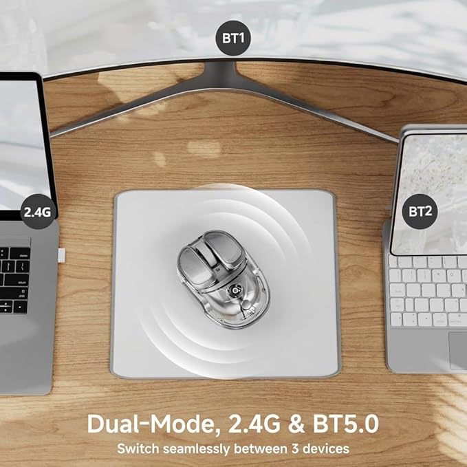 EWEADN Q9 Wireless Clear Mouse Dual Mode Bluetooth & 2.4G USB Computer Mouse with RGB Lighting, Silent Clicks, Multi-Device Compatibility for Laptop, PC, MacBook, iPad Cute Mouse-Sliver