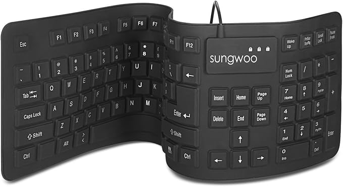 Sungwoo Foldable Silicone USB Wired Standard Waterproof Rollup Keyboard for PC Notebook Laptop, Full Size (Black)