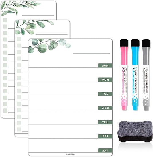 Weekly Calendar Whiteboard for Refrigerator, Magnetic Weekly Planner for Fridge - Set of Greenery Dry Erase Menu Board & 2 to Do List, 3 Markers + Eraser