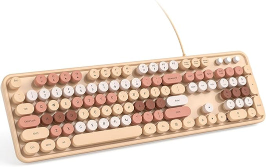 KNOWSQT Wired Computer Keyboard - Milk Tea Colorful Retro Full Size Round Keycaps Plug and Play Typewriter Cute Keyboards for Windows, Laptop, PC, Desktop, Computer