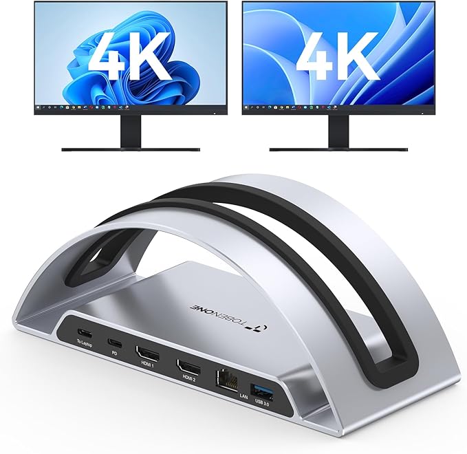 TobenONE Laptop Docking Station Dual Monitor 4K@60Hz with 100W Power Adapter, Vertical Docking Station with HDMI, USB A&C 3.2 Ports, SD/microSD, Audio for Dell/HP/Lenovo/Surface