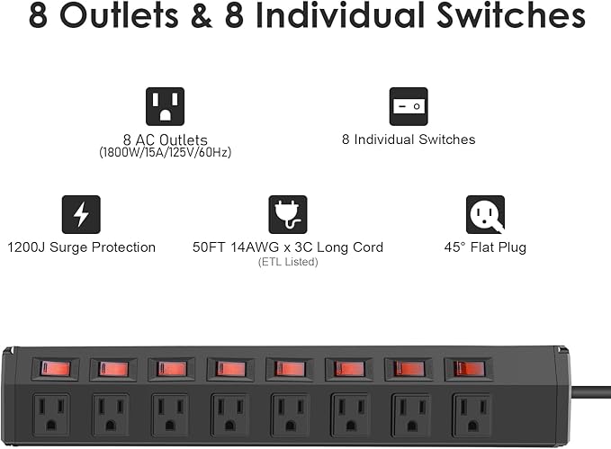 8 Outlet Heavy Duty Power Strip with 8 Individual Switches,Moutable Metal Power Strip Surge Protector 1200 Joules,50FT 14AWG Extension Cord,15A 1800W 125V 60Hz