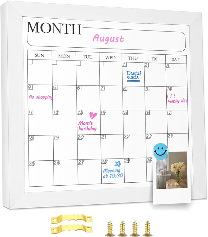 Monthly Calendar Dry Erase Board for Wall, 11.8" x 11.8" Magnetic Surface Whiteboard with White Wooden Frame, Hanging White Board Calendar for Decor/Memo(YL-WH,3030)