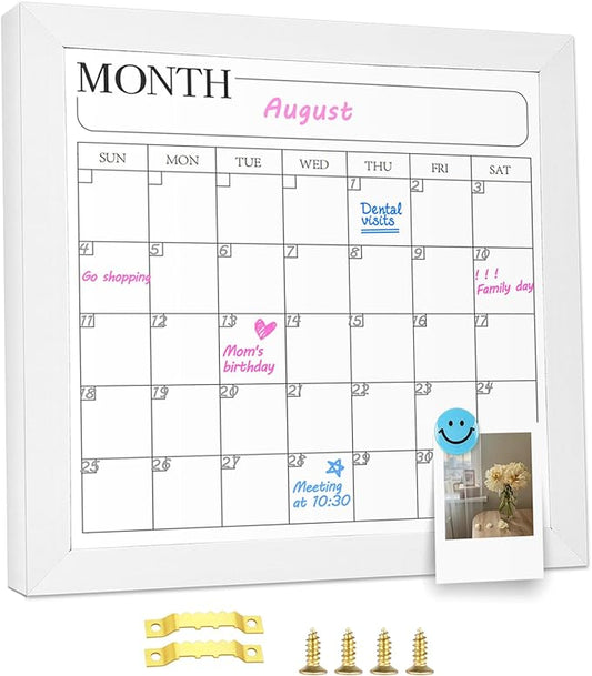 Monthly Calendar Dry Erase Board for Wall, 11.8" x 11.8" Magnetic Surface Whiteboard with White Wooden Frame, Hanging White Board Calendar for Decor/Memo(YL-WH,3030)