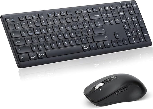 Wireless Keyboard Mouse Combo, Scissor-Switch Keys, 2-in-1 USB Receiver and Two Bluetooth, Multi Device Silent Design for Computer, Laptop, MacBook and iPad (Pure Black)