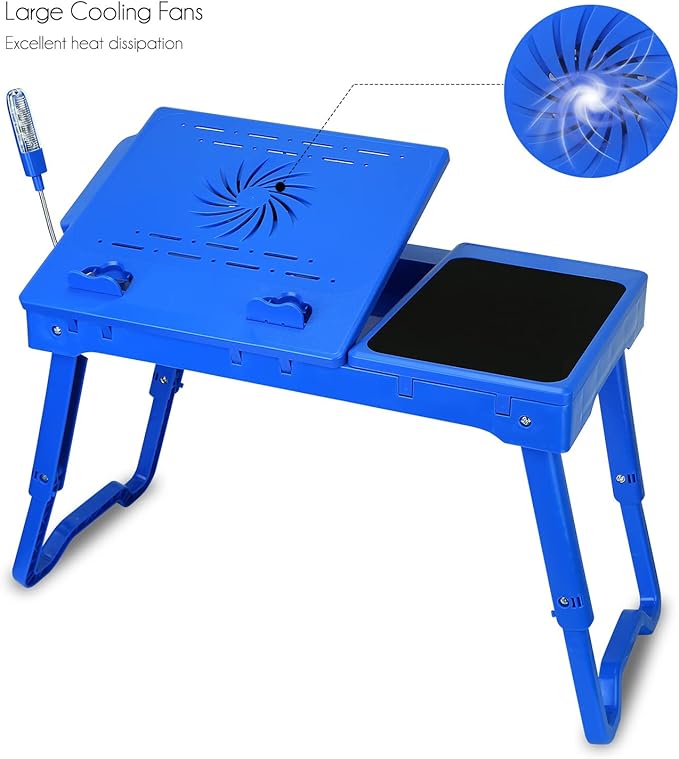 Foldable Laptop Table with Cooling Fan, LED Light, 4 x USB Ports, Mouse Pad & Storage Groove for Laptop Use in Home Office