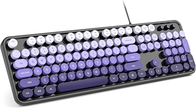 Computer Keyboard Wired, Plug and Play USB Retro Round Typewriter Keyboard, Full Size Wired Keyboard with Foldable Stands for Laptop and Office PC- Black Purple Gradient