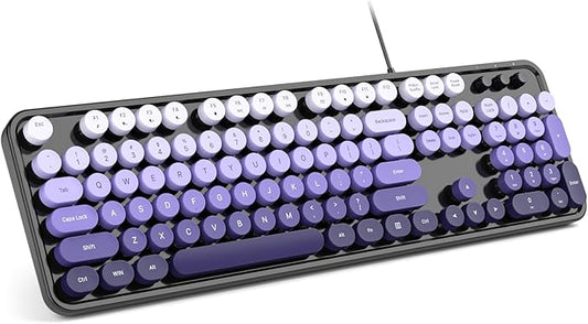 Computer Keyboard Wired, Plug and Play USB Retro Round Typewriter Keyboard, Full Size Wired Keyboard with Foldable Stands for Laptop and Office PC- Black Purple Gradient