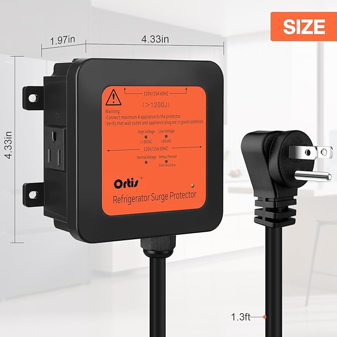 Ortis 4-Outlet Refrigerator Surge Protector with Time Delay, 1200J, Power Cord (5ft), Protects Against Spikes, Brownouts & Power Outages, Voltage Guard for Refrigerators 27 cu. ft. or More
