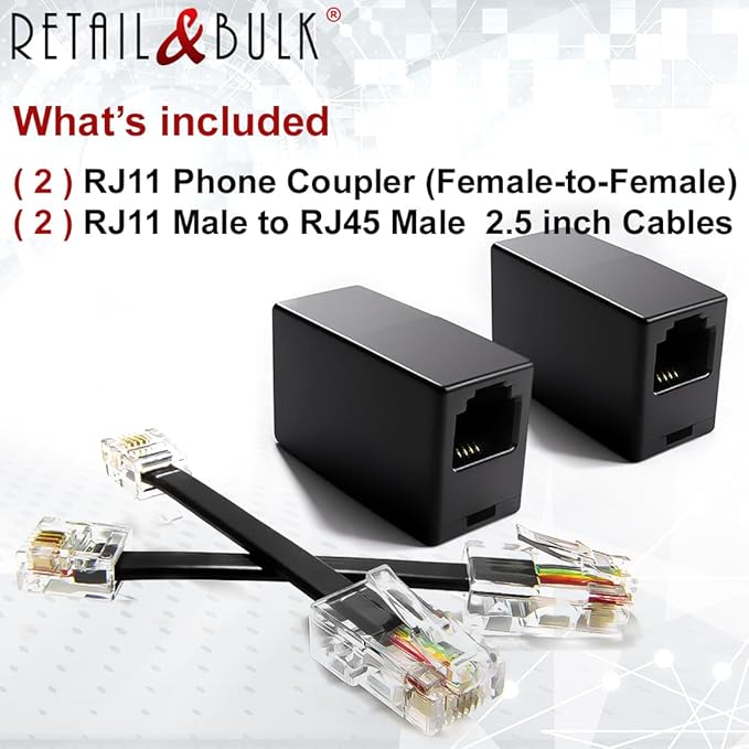 2-Pack RJ11 to RJ45 Adapter Phone Line to Ethernet – RJ11 Female to RJ45 Male for Landline, Fax, DSL Modem Connection (Black, Made in USA)